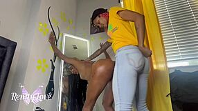 Stud homie pounds oiled ebony petite with strapon dildo