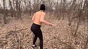 we strip clothes off in forest and fuck outdoors with big natural tits bouncing