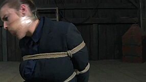 Gag this bound sub's mouth before toying her shaved pussy!