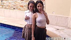 Yessica Bunny and Helen Star Soak School Uniforms Underwater with Petite Latina Boobs