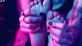 Tickling small bare feet leads to lesbian femdom choking and toe sucking submission