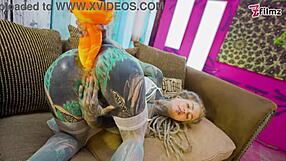 Skinny tattoo slut, gaping ass craves huge anal dildo in fishnets?