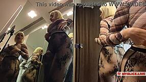 blonde big tits upskirt pussy in changing room try on see through