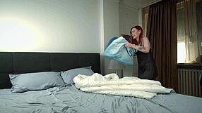 Redhead Stepmom Stuck in Duvet Takes Rough Son Cock to Face Cum