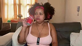 Drunk chubby ebony babe with huge saggy tits drinks coke burps farts and spreads curvy ass