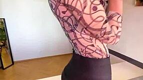 sophie van loo in gray leggings and high heels sets the kitchen counter on fire with her sexy legs and tits?