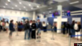 Risky public airplane handjob flashes huge cum explosion