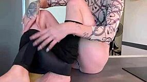 sophie van loo in gray leggings and high heels sets the kitchen counter on fire with her sexy legs and tits?