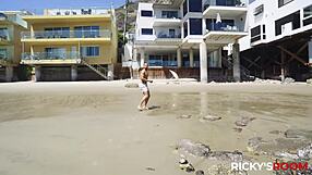 Redhead ebony and bisexual dude double team wet pussies in seaside threesome fuckfest