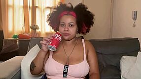 Drunk chubby ebony babe with huge saggy tits drinks coke burps farts and spreads curvy ass