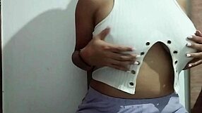 Milf Massages Her Huge Natural Tits with Horny Pleasure in Real Homemade