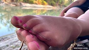 My Cute Feet in Nude Pantyhose Tease and Rub on Autumn River Bank Close Up