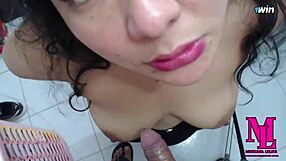 latina sucks stepdad's cock and he cums on her tits while mom away