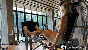 brunette babe deepthroats friend's cock before hardcore gym pounding