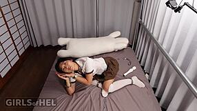 Submissive Petite Japanese 18+ Slut Chained to Bed Cums from Huge Toys and Interracial Fuck