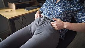 Colleague's fat pussy lips tease through tight jeans cameltoe