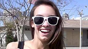 Brunette rides cowgirl then bends over for public creampie doggystyle