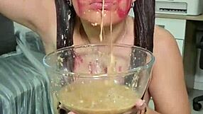 Brunette pigtail lover spits food fetish mess over big ass curves