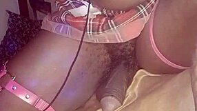 Mature Ebony Shemale Strokes Her Thick Cock and Plays with Tits Solo