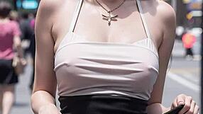 Blondes and Asians Lift Skirts Revealing Dripping Panties