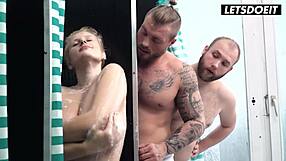 Busty blonde stepsis gets pounded by bro and buddy in steamy hostel shower spooning cumshot