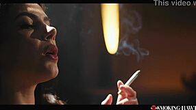 valentina nappi lights up a cigarette, red lipstick ready for dirty italian blowjob and handjob tease