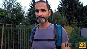 dirty pickup girl blindfolded for old man's cash sex while boyfriend watches outdoor